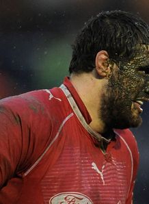 Damien Lagrange of Agen with his face covered in mud Damien Lagrange of Agen with his face covered in mud