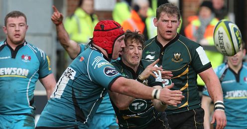 Martin Roberts of Northampton Saints Yann Thomas of Gloucester Martin Roberts of Northampton Saints Yann Thomas of Gloucester