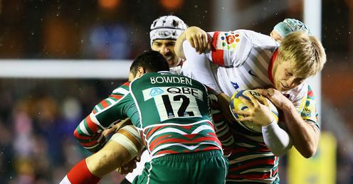 Jackson Wray tackled by Dan Bowden Saracens v Leicester Tigers Aviva Premiership Welford Road Jackson Wray tackled by Dan Bowden Saracens v Leicester Tigers Aviva Premiership Welford Road