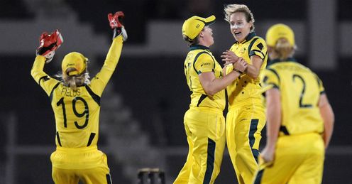 Ellyse Perry of Australia celebrates the wicket of Stafanie Taylor of West Indies