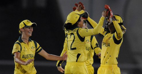 Lisa Sthalekar of Australia celebrates the wicket of Deandra Dottin of West Indies