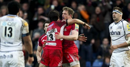 Phil MacKenzie of London Welsh celebrates with team mate Gonzalo Tiesi L after scoring a try Phil MacKenzie of London Welsh celebrates with team mate Gonzalo Tiesi L after scoring a try