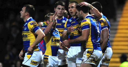 Joel Moon Leeds Rhinos congratulated after scoring against Salford Joel Moon Leeds Rhinos congratulated after scoring against Salford