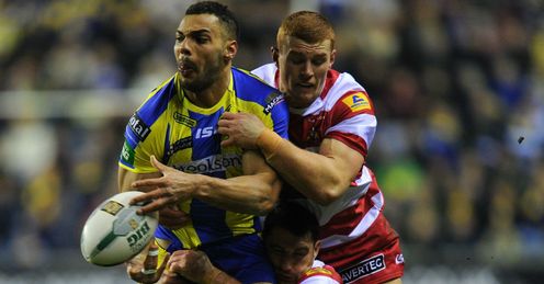 Ryan Atkins Warrington tackled by Wigan duo Jack Hughes and Matty Smith Ryan Atkins Warrington tackled by Wigan duo Jack Hughes and Matty Smith