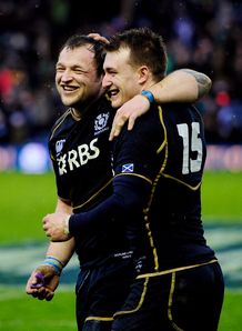 Scotland duo Geoff Cross celebrating with Stuart Hogg Scotland duo Geoff Cross celebrating with Stuart Hogg