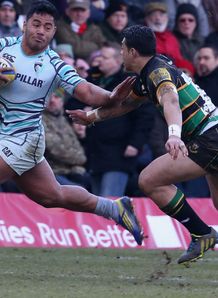 Manu Tuilagi Leicester Tigers taking on George Pisi of Northampton Saints Manu Tuilagi Leicester Tigers taking on George Pisi of Northampton Saints