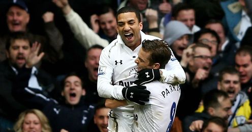 Lennon: celebrates the 123rd goal in north London derbies in the Premier League