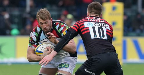 Chris Robshaw of Harlequins takes on Owen Farrell Chris Robshaw of Harlequins takes on Owen Farrell