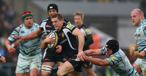Gareth Steenson L of Exeter Chiefs is held up by Marcos Ayerza of Leicester Tigers Gareth Steenson L of Exeter Chiefs is held up by Marcos Ayerza of Leicester Tigers