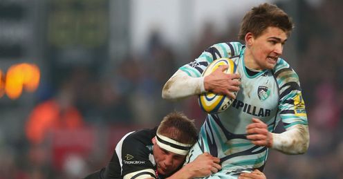 Toby Flood R of Leicester Tigers is tackled by Carl Rimmer of Exeter Chiefs Toby Flood R of Leicester Tigers is tackled by Carl Rimmer of Exeter Chiefs