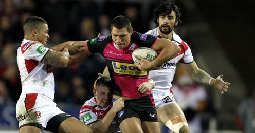 Ryan Hall Leeds Rhinos tackled by St Helens players Super League Ryan Hall Leeds Rhinos tackled by St Helens players Super League