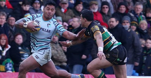 Manu Tuilagi Leicester Tigers taking on George Pisi of Northampton Saints Manu Tuilagi Leicester Tigers taking on George Pisi of Northampton Saints