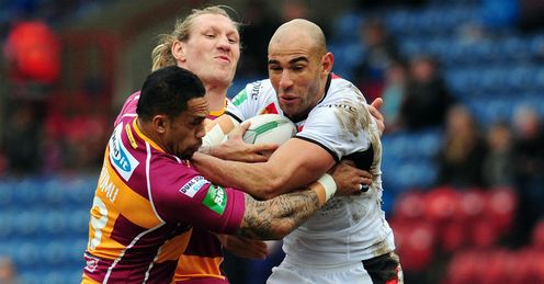 Chev Walker Bradford Bulls tackled by Eorl Crabtree and David Faimu Chev Walker Bradford Bulls tackled by Eorl Crabtree and David Faimu