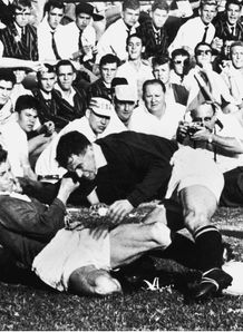 1962 - British Lions Dewi Bebb left tackles South Africas Francois Roux during the second Test in Durban 1962 - British Lions Dewi Bebb left tackles South Africas Francois Roux during the second Test in Durban