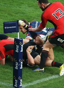 Crusaders wing Zac Guildford scoring in the corner Crusaders wing Zac Guildford scoring in the corner