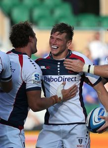 Jason Woodward of the Rebels celebrates after scoring a try Jason Woodward of the Rebels celebrates after scoring a try