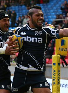 Johnny Leota of Sale Sharks celebrates with Sam Tuitupou after scoring Johnny Leota of Sale Sharks celebrates with Sam Tuitupou after scoring