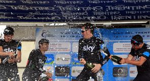 Sir Bradley Wiggins led the celebrations on the podium