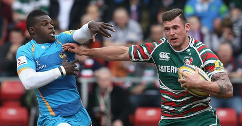 Adam Thompstone of Leicester holds off Christian Wade of Wasps Adam Thompstone of Leicester holds off Christian Wade of Wasps