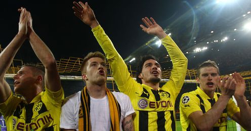 Dortmund's Piszczek, Reus, Hummels and Gundogan interact with the fans
