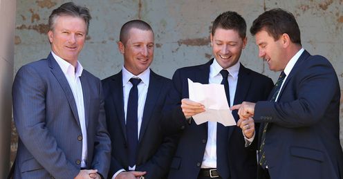 Haddin and Clarke (centre) hope to replicate the Ashes successes of Steve Waugh (L) and Mark Taylor (R)