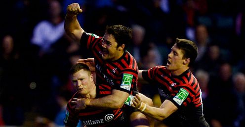 Wing Chris Ashton of Saracens is congratulated by teammate Brad Barritt C and Joel Tomkins Wing Chris Ashton of Saracens is congratulated by teammate Brad Barritt C and Joel Tomkins
