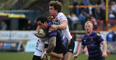 Harrison Hansen Wigan Warriors challenged by Jamie Langley Bradford Bulls Harrison Hansen Wigan Warriors challenged by Jamie Langley Bradford Bulls