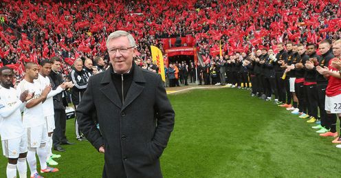 End of an era: Sir Alex Ferguson walks out to a guard of honour for his final game at Old Trafford
