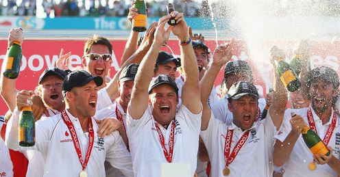 Whites awash: champagne covers the England players as they celebrate at the Oval