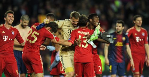Bayern Munich celebrate at the final whistle after beating Barcelona 7-0 on aggregate