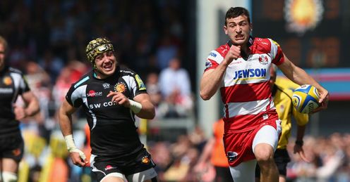 Jonny May R of Gloucester bursts past Jack Nowell C of Exeter Chiefs Jonny May R of Gloucester bursts past Jack Nowell C of Exeter Chiefs