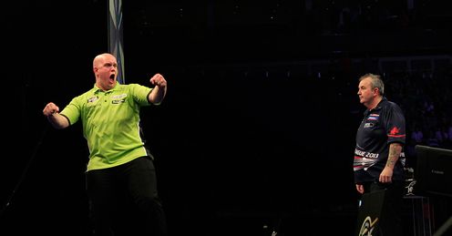 Van Gerwen has won five tournaments in a row but Taylor will be out to end that streak