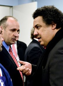 Philippe Saint Andre C listens to Serge Blanco Philippe Saint Andre C listens to Serge Blanco