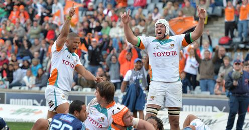 Ryno Benjamin and Lappies Labuschagne celebrating Cheetahs v Blues 2013 Ryno Benjamin and Lappies Labuschagne celebrating Cheetahs v Blues 2013