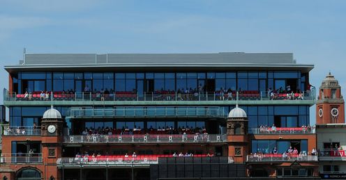 Old Trafford: sheeting, rather than seating, behind the bowler's arm