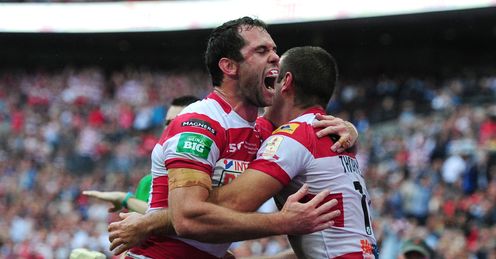 Wigan Warriors Iain Thornley right celebrates with Pat Richards Wigan Warriors Iain Thornley right celebrates with Pat Richards