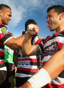 Frank Halai celebrating with Sherwin Stowers Frank Halai celebrating with Sherwin Stowers