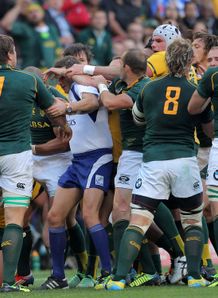 The referee gets caught up in a scuffle South Africa v Australia The referee gets caught up in a scuffle South Africa v Australia