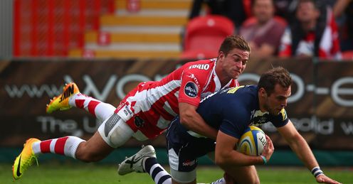 Andy Forsyth of Sale Sharks scores his sides second try despite the efforts of Henry Trinder of Gloucester Andy Forsyth of Sale Sharks scores his sides second try despite the efforts of Henry Trinder of Gloucester