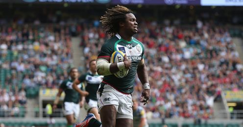 Marland Yarde London Irish scoring against Saracens at Twickenham Marland Yarde London Irish scoring against Saracens at Twickenham
