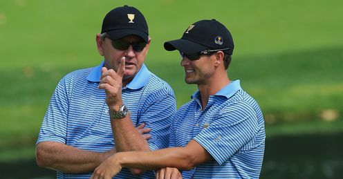 Price with Adam Scott during Tuesday's practice round at Muirfield Village