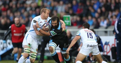 Josh Strauss of Glasgow Warriors is tackled by Damian Welsh of Exeter Chiefs Josh Strauss of Glasgow Warriors is tackled by Damian Welsh of Exeter Chiefs