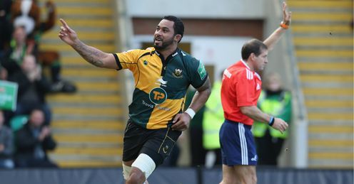 Samu Manoa celebrates a try for Northampton Saints against Ospreys in the Heineken Cup Samu Manoa celebrates a try for Northampton Saints against Ospreys in the Heineken Cup