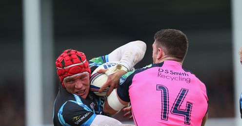 Tom Johnson of Exeter Chiefs forces his way through the challenge of Alex Cuthbert R and Cory Allen L Tom Johnson of Exeter Chiefs forces his way through the challenge of Alex Cuthbert R and Cory Allen L