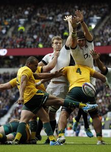 England players charge down a kick from Australia s scrum half Will Genia leading to an England try England players charge down a kick from Australia s scrum half Will Genia leading to an England try