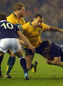 Quade Cooper of Australia is tackled by Scotland Quade Cooper of Australia is tackled by Scotland