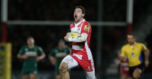 Jonny May of Gloucester breaks clear to score Jonny May of Gloucester breaks clear to score
