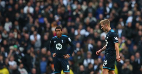 Tottenham duo Lewis Holtby and Paulinho look on after conceding the second goal against Manchester City.
