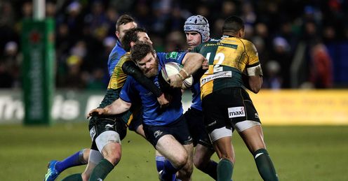 Gordon D Arcy of Leinster is tacked by Lee Dickson L and Luther Burrell R Gordon D Arcy of Leinster is tacked by Lee Dickson L and Luther Burrell R
