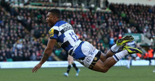 Kyle Eastmond of Bath dives over for the first try Kyle Eastmond of Bath dives over for the first try